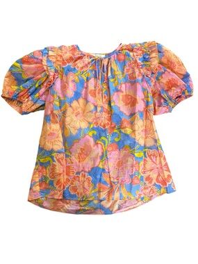 Olivaceous Floral Print Puff ShortSleeve 100% Cotton Blouse Size Medium Tie Neck